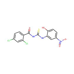 O=C(NC(=S)Nc1cc([N+](=O)[O-])ccc1O)c1ccc(Cl)cc1Cl ZINC000012495394