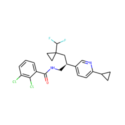 O=C(NC[C@@H](CC1(C(F)F)CC1)c1ccc(C2CC2)nc1)c1cccc(Cl)c1Cl ZINC000217365486