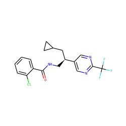 O=C(NC[C@@H](CC1CC1)c1cnc(C(F)(F)F)nc1)c1ccccc1Cl ZINC000207684773