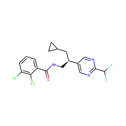O=C(NC[C@@H](CC1CC1)c1cnc(C(F)F)nc1)c1cccc(Cl)c1Cl ZINC000473194881