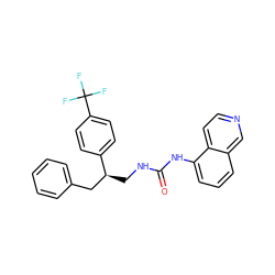 O=C(NC[C@@H](Cc1ccccc1)c1ccc(C(F)(F)F)cc1)Nc1cccc2cnccc12 ZINC000028958834