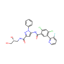 O=C(NC[C@@H](O)CO)c1cc(NC(=O)c2cc(-c3ncccc3F)c(Cl)cc2Cl)n(-c2ccccc2)n1 ZINC001772629502