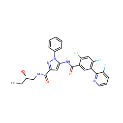 O=C(NC[C@@H](O)CO)c1cc(NC(=O)c2cc(-c3ncccc3F)c(F)cc2Cl)n(-c2ccccc2)n1 ZINC001772611142