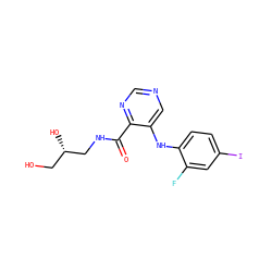 O=C(NC[C@@H](O)CO)c1ncncc1Nc1ccc(I)cc1F ZINC000169334405