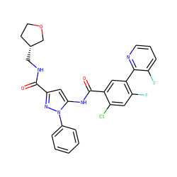 O=C(NC[C@@H]1CCOC1)c1cc(NC(=O)c2cc(-c3ncccc3F)c(F)cc2Cl)n(-c2ccccc2)n1 ZINC001772649666