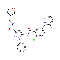 O=C(NC[C@@H]1CCOC1)c1cc(NC(=O)c2cc(-c3ncccc3F)ccc2Cl)n(-c2ccccc2)n1 ZINC001772621033