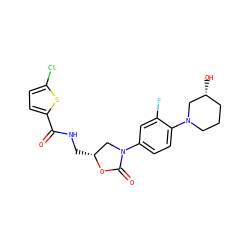 O=C(NC[C@@H]1CN(c2ccc(N3CCC[C@@H](O)C3)c(F)c2)C(=O)O1)c1ccc(Cl)s1 ZINC000113087286