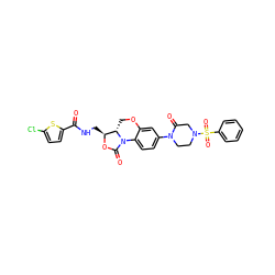 O=C(NC[C@@H]1OC(=O)N2c3ccc(N4CCN(S(=O)(=O)c5ccccc5)CC4=O)cc3OC[C@@H]12)c1ccc(Cl)s1 ZINC000299824826