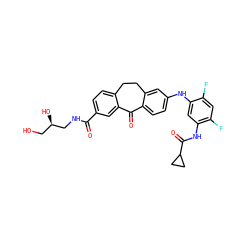 O=C(NC[C@H](O)CO)c1ccc2c(c1)C(=O)c1ccc(Nc3cc(NC(=O)C4CC4)c(F)cc3F)cc1CC2 ZINC001772592574