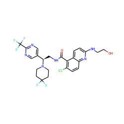 O=C(NC[C@H](c1cnc(C(F)(F)F)nc1)N1CCC(F)(F)CC1)c1c(Cl)ccc2nc(NCCO)ccc12 ZINC000149205270