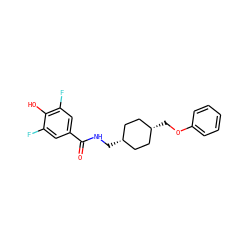 O=C(NC[C@H]1CC[C@@H](COc2ccccc2)CC1)c1cc(F)c(O)c(F)c1 ZINC000253975493
