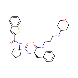 O=C(NC1(C(=O)N[C@H](Cc2ccccc2)C(=O)NCCCNC2CCOCC2)CCCC1)c1cc2ccccc2s1 ZINC000028711677