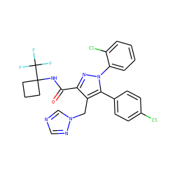 O=C(NC1(C(F)(F)F)CCC1)c1nn(-c2ccccc2Cl)c(-c2ccc(Cl)cc2)c1Cn1cncn1 ZINC000049767615