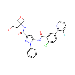 O=C(NC1(CCO)COC1)c1cc(NC(=O)c2cc(-c3ncccc3F)ccc2Cl)n(-c2ccccc2)n1 ZINC001772627118