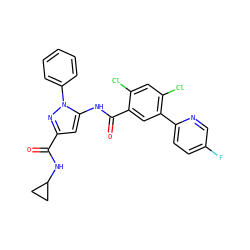O=C(NC1CC1)c1cc(NC(=O)c2cc(-c3ccc(F)cn3)c(Cl)cc2Cl)n(-c2ccccc2)n1 ZINC001772629261