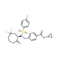O=C(NC1CC1)c1ccc(CN([C@@H]2CC(F)(F)CCNC2=O)S(=O)(=O)c2ccc(Cl)cc2)cc1 ZINC000029130181