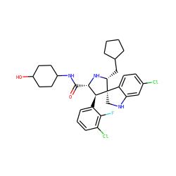 O=C(NC1CCC(O)CC1)[C@@H]1N[C@H](CC2CCCC2)[C@]2(CNc3cc(Cl)ccc32)[C@H]1c1cccc(Cl)c1F ZINC000169701399