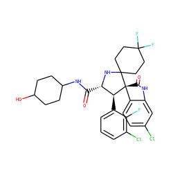 O=C(NC1CCC(O)CC1)[C@@H]1NC2(CCC(F)(F)CC2)[C@@]2(C(=O)Nc3cc(Cl)ccc32)[C@H]1c1cccc(Cl)c1F ZINC000169700240