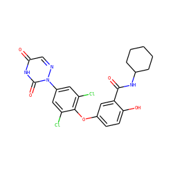 O=C(NC1CCCCC1)c1cc(Oc2c(Cl)cc(-n3ncc(=O)[nH]c3=O)cc2Cl)ccc1O ZINC000013487255