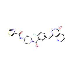 O=C(NC1CCN(C(=O)c2cc(Cc3n[nH]c(=O)c4c3NCCC4)ccc2F)CC1)c1cscn1 ZINC000140054893