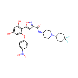 O=C(NC1CCN(C2CCC(F)(F)CC2)CC1)c1cc(-c2c(O)cc(O)cc2Oc2ccc([N+](=O)[O-])cc2)on1 ZINC000114328474