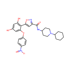 O=C(NC1CCN(C2CCCCC2)CC1)c1cc(-c2c(O)cc(O)cc2Oc2ccc([N+](=O)[O-])cc2)on1 ZINC000096940103