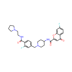 O=C(NC1CCN(Cc2ccc(C(=O)NCCN3CCCC3)c(F)c2)CC1)c1cc(=O)c2ccc(F)cc2o1 ZINC000028884185
