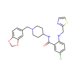 O=C(NC1CCN(Cc2ccc3c(c2)OCO3)CC1)c1cc(Cl)ccc1NCc1nccs1 ZINC000013685215