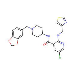 O=C(NC1CCN(Cc2ccc3c(c2)OCO3)CC1)c1cc(Cl)cnc1NCc1cscn1 ZINC000028525793