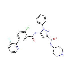 O=C(NC1CCNCC1)c1cc(NC(=O)c2cc(-c3ncccc3F)ccc2Cl)n(-c2ccccc2)n1 ZINC001772651938