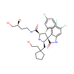 O=C(NCC[C@H](O)CO)[C@@H]1N[C@H](CC2(CCO)CCCC2)[C@]2(C(=O)Nc3cc(Cl)c(F)cc32)[C@H]1c1cccc(Cl)c1 ZINC000145227532