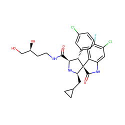 O=C(NCC[C@H](O)CO)[C@@H]1N[C@H](CC2CC2)[C@]2(C(=O)Nc3cc(Cl)c(F)cc32)[C@H]1c1cccc(Cl)c1 ZINC000147567183