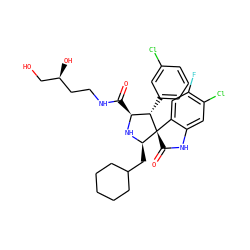 O=C(NCC[C@H](O)CO)[C@@H]1N[C@H](CC2CCCCC2)[C@]2(C(=O)Nc3cc(Cl)c(F)cc32)[C@H]1c1cccc(Cl)c1 ZINC000147108423