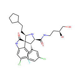 O=C(NCC[C@H](O)CO)[C@@H]1N[C@H](CCC2CCCC2)[C@]2(C(=O)Nc3cc(Cl)c(F)cc32)[C@H]1c1cccc(Cl)c1 ZINC000147189411