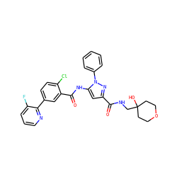 O=C(NCC1(O)CCOCC1)c1cc(NC(=O)c2cc(-c3ncccc3F)ccc2Cl)n(-c2ccccc2)n1 ZINC001772654312