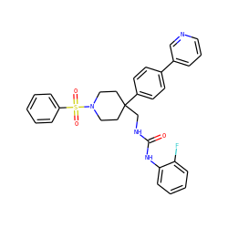 O=C(NCC1(c2ccc(-c3cccnc3)cc2)CCN(S(=O)(=O)c2ccccc2)CC1)Nc1ccccc1F ZINC000028137462