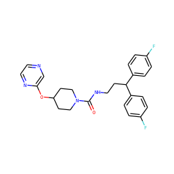 O=C(NCCC(c1ccc(F)cc1)c1ccc(F)cc1)N1CCC(Oc2cnccn2)CC1 ZINC000049046693