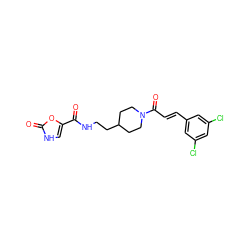 O=C(NCCC1CCN(C(=O)/C=C/c2cc(Cl)cc(Cl)c2)CC1)c1c[nH]c(=O)o1 ZINC000217882899