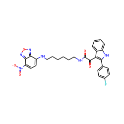 O=C(NCCCCCCNc1ccc([N+](=O)[O-])c2nonc12)C(=O)c1c(-c2ccc(F)cc2)[nH]c2ccccc12 ZINC000014977742