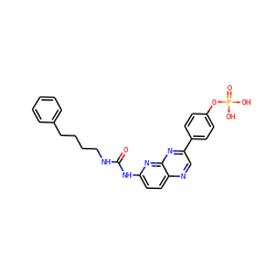 O=C(NCCCCc1ccccc1)Nc1ccc2ncc(-c3ccc(OP(=O)(O)O)cc3)nc2n1 ZINC000169704092