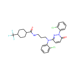 O=C(NCCCN(c1ccc(=O)n(-c2ccccc2Cl)n1)c1ccccc1Cl)C1CCC(C(F)(F)F)CC1 ZINC000014961583