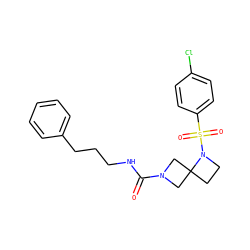O=C(NCCCc1ccccc1)N1CC2(CCN2S(=O)(=O)c2ccc(Cl)cc2)C1 ZINC000205433099