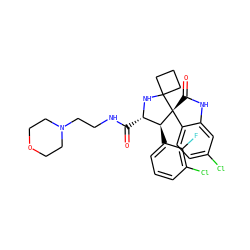 O=C(NCCN1CCOCC1)[C@@H]1NC2(CCC2)[C@@]2(C(=O)Nc3cc(Cl)ccc32)[C@H]1c1cccc(Cl)c1F ZINC000299831898