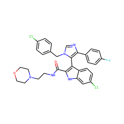 O=C(NCCN1CCOCC1)c1[nH]c2cc(Cl)ccc2c1-c1c(-c2ccc(F)cc2)ncn1Cc1ccc(Cl)cc1 ZINC001772650367