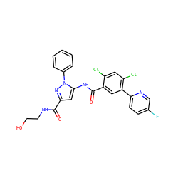 O=C(NCCO)c1cc(NC(=O)c2cc(-c3ccc(F)cn3)c(Cl)cc2Cl)n(-c2ccccc2)n1 ZINC001772648983