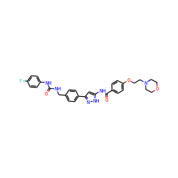 O=C(NCc1ccc(-c2cc(NC(=O)c3ccc(OCCN4CCOCC4)cc3)[nH]n2)cc1)Nc1ccc(F)cc1 ZINC000096270653
