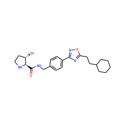 O=C(NCc1ccc(-c2noc(CCC3CCCCC3)n2)cc1)[C@H]1NCC[C@@H]1O ZINC000058502043