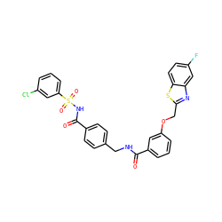 O=C(NCc1ccc(C(=O)NS(=O)(=O)c2cccc(Cl)c2)cc1)c1cccc(OCc2nc3cc(F)ccc3s2)c1 ZINC001772651629