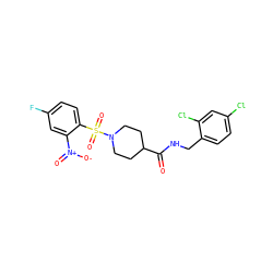 O=C(NCc1ccc(Cl)cc1Cl)C1CCN(S(=O)(=O)c2ccc(F)cc2[N+](=O)[O-])CC1 ZINC000040395540