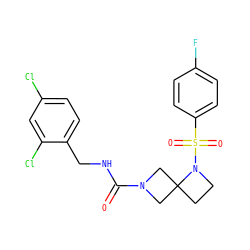 O=C(NCc1ccc(Cl)cc1Cl)N1CC2(CCN2S(=O)(=O)c2ccc(F)cc2)C1 ZINC000205431650